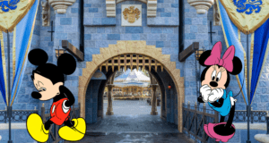 Mickey Mouse and Minnie Mouse stand with somber expressions in front of the castle entrance at Disney World, capturing a rare, thoughtful mood reminiscent of the reflective moments from Great Moments with Mr. Lincoln.