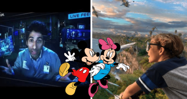 Split image: a scientist joins a virtual call on the left, while a child admires an otherworldly landscape inspired by Pandora – The World of Avatar on the right. Mickey and Minnie Mouse appear together in the center, adding classic Disney magic.
