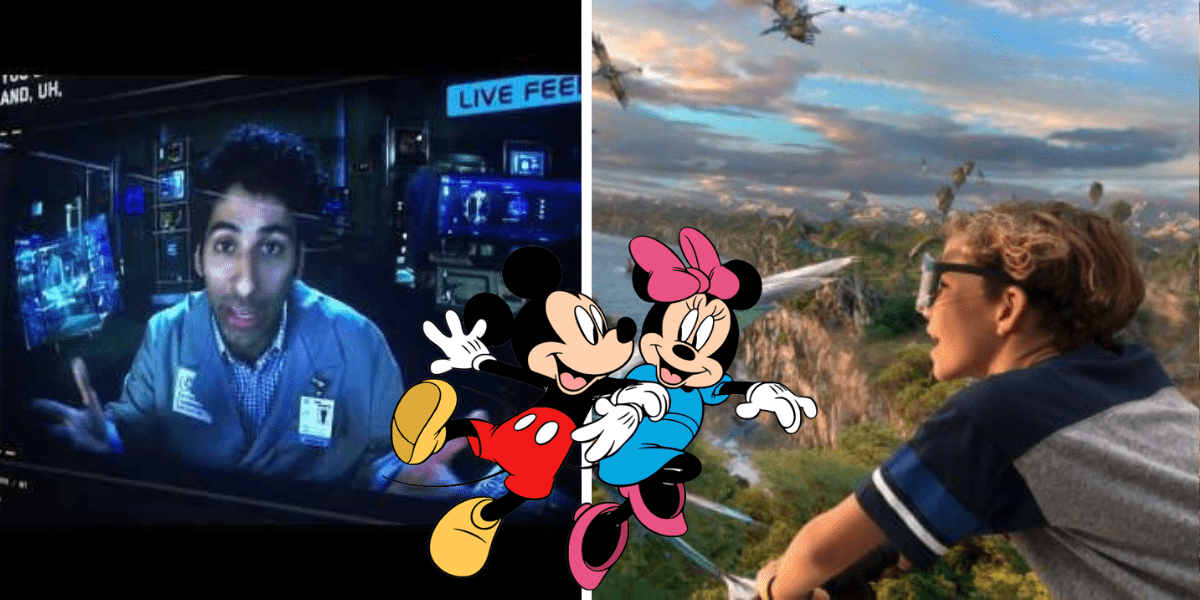 Split image: a scientist joins a virtual call on the left, while a child admires an otherworldly landscape inspired by Pandora – The World of Avatar on the right. Mickey and Minnie Mouse appear together in the center, adding classic Disney magic.