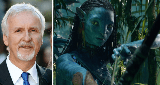 An executive in business attire stands beside a Na’vi archer from Pandora, posed with a drawn bow amid lush bioluminescent jungle scenery, evoking the immersive world of Disney’s Pandora – The World of Avatar.