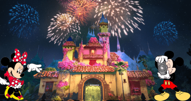 Minnie Mouse strikes a charming pose as Mickey Mouse snaps a photo in front of the iconic Disneyland castle, with brilliant fireworks illuminating the night sky, celebrating the enchanting adventures that await at the park.