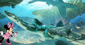 Minnie Mouse holding a cupcake, delighting guests beside an Avatar Na’vi character riding a majestic sea creature in an underwater setting—a magical crossover scene capturing the immersive storytelling and visual spectacle celebrated in Disney parks and inspired by Avatar: The Way of Water.