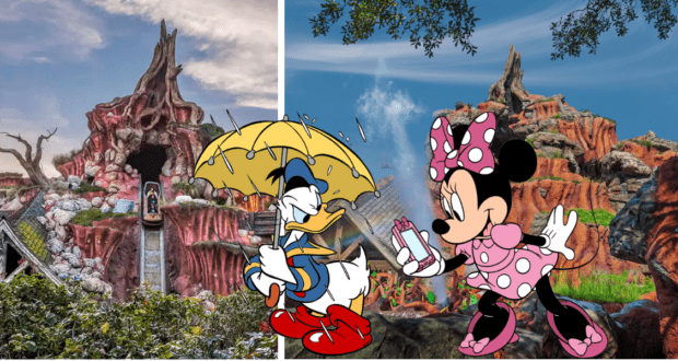 Donald Duck stands with an umbrella as Minnie Mouse presents a gift, both posing in front of the vibrant Splash Mountain attraction at Disneyland.