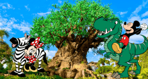 Minnie Mouse dressed as a zebra and Mickey Mouse in a playful dinosaur suit pose beside a towering tree, set against the vibrant blue sky and lush scenery inspired by Pandora – The World of Avatar at Disney's Animal Kingdom.