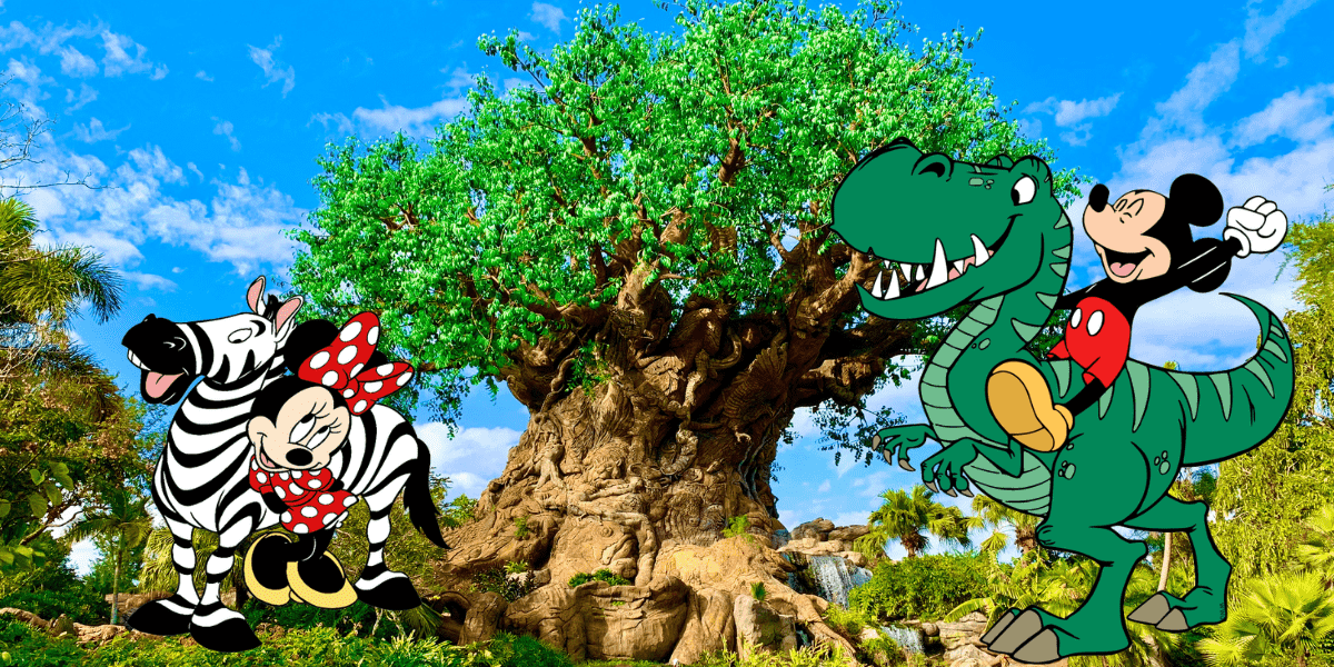 Minnie Mouse dressed as a zebra and Mickey Mouse in a playful dinosaur suit pose beside a towering tree, set against the vibrant blue sky and lush scenery inspired by Pandora – The World of Avatar at Disney's Animal Kingdom.