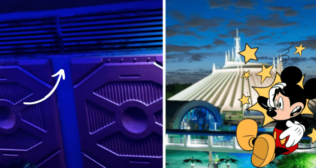 Left: a futuristic purple wall with an arrow design, reminiscent of Tomorrowland. Right: Space Mountain ride vehicle mold paired with classic Mickey Mouse, surrounded by whimsical stars.