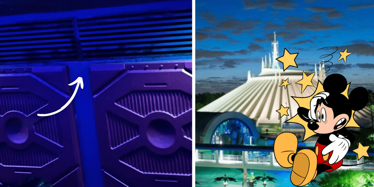 Left: a futuristic purple wall with an arrow design, reminiscent of Tomorrowland. Right: Space Mountain ride vehicle mold paired with classic Mickey Mouse, surrounded by whimsical stars.
