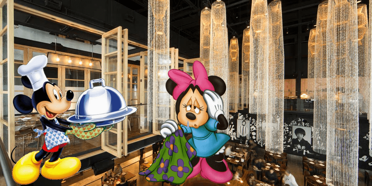 Mickey Mouse delights Minnie Mouse by serving her a delicious meal inside a stylish restaurant, illuminated by glowing lanterns and warm wooden accents, capturing the upscale Disney Springs vibe reminiscent of Morimoto Asia.
