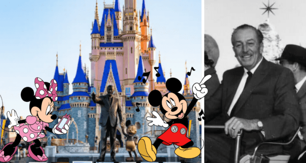 Mickey and Minnie stand in front of the iconic Disney castle, with a classic black-and-white portrait of Walt Disney on the right, capturing the wonder and nostalgia of disney100 in a dazzling tribute perfect for Disney Parks fans.