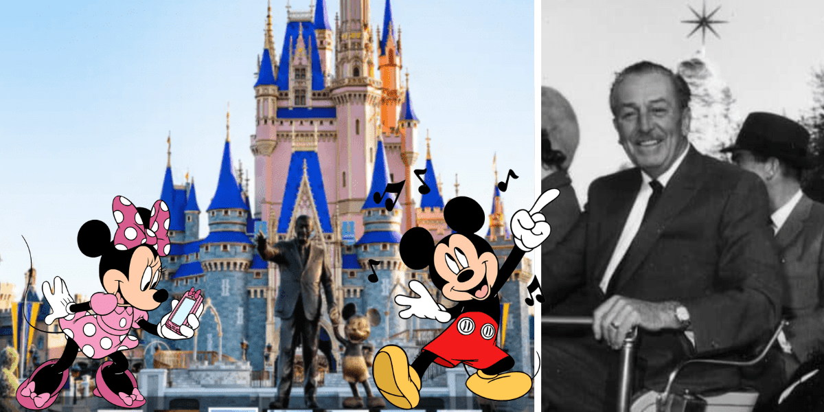 Mickey and Minnie stand in front of the iconic Disney castle, with a classic black-and-white portrait of Walt Disney on the right, capturing the wonder and nostalgia of disney100 in a dazzling tribute perfect for Disney Parks fans.