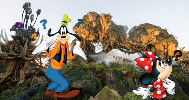 Goofy and Minnie Mouse, both with puzzled expressions and question marks overhead, stand amidst the breathtaking bioluminescent scenery of Pandora – The World of Avatar at Disney’s Animal Kingdom, channeling Joe Rohde’s iconic otherworldly design.