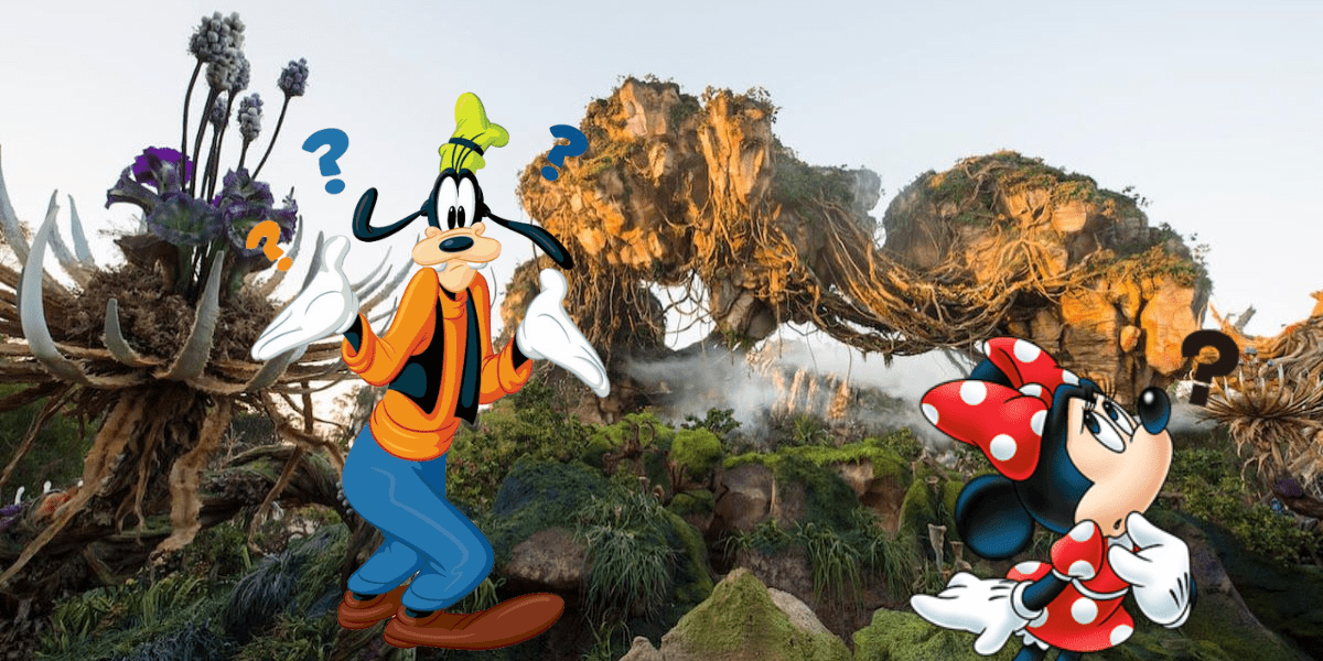 Goofy and Minnie Mouse, both with puzzled expressions and question marks overhead, stand amidst the breathtaking bioluminescent scenery of Pandora – The World of Avatar at Disney’s Animal Kingdom, channeling Joe Rohde’s iconic otherworldly design.