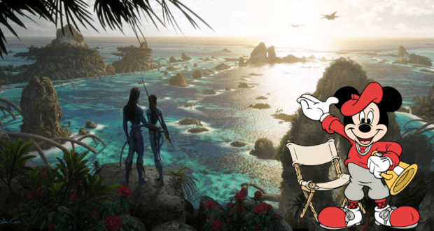 Mickey Mouse, holding a director’s chair, welcomes guests alongside two blue aliens inspired by Avatar: The Way of Water, with an otherworldly ocean vista in the background—an immersive scene straight from Disney's theme park adventures.
