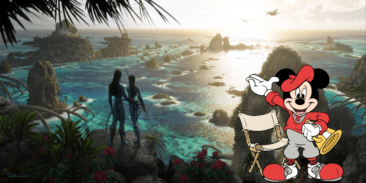 Mickey Mouse, holding a director’s chair, welcomes guests alongside two blue aliens inspired by Avatar: The Way of Water, with an otherworldly ocean vista in the background—an immersive scene straight from Disney's theme park adventures.
