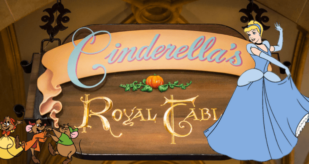Cinderella’s Royal Table sign, featuring illustrations of Cinderella and her mouse friends from the classic film, welcomes Magic Kingdom guests to a magical character dining experience inside Cinderella Castle.