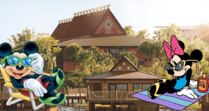 Mickey and Minnie Mouse enjoying a laid-back moment at Disney’s Polynesian Resort, with the majestic Disney Vacation Club tower in the background, surrounded by swaying palm trees and picturesque wooden huts that capture the tropical magic of Walt Disney World.