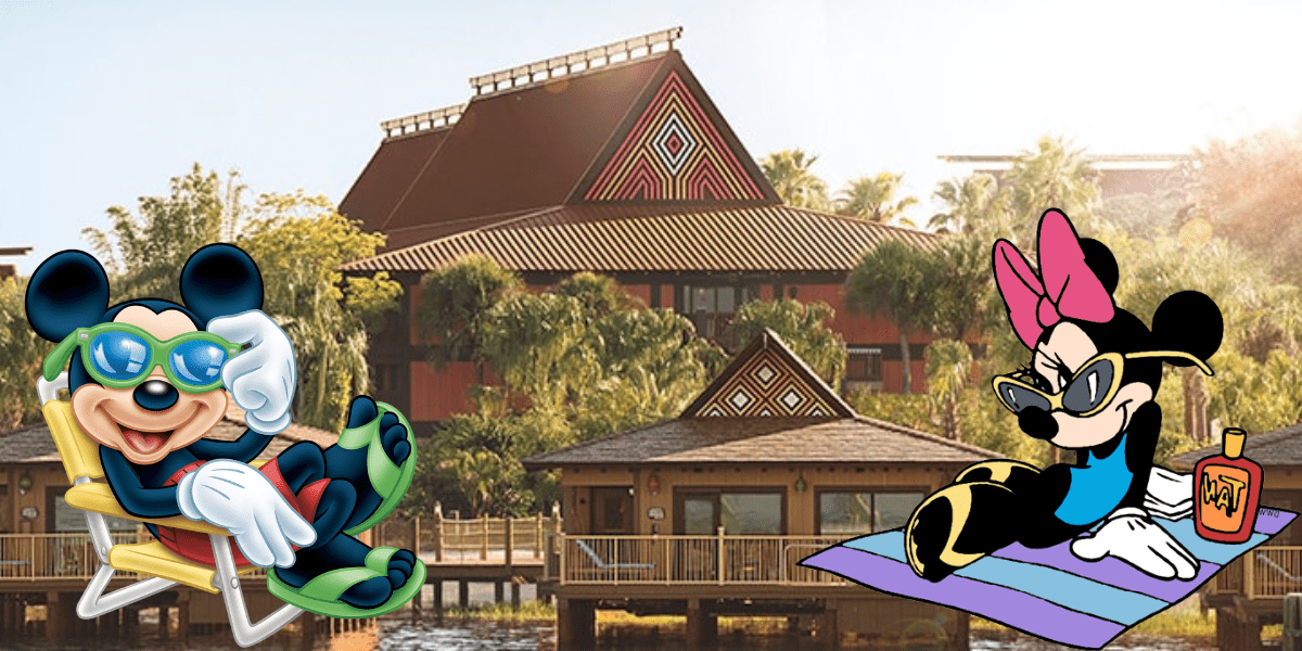 Mickey and Minnie Mouse enjoying a laid-back moment at Disney’s Polynesian Resort, with the majestic Disney Vacation Club tower in the background, surrounded by swaying palm trees and picturesque wooden huts that capture the tropical magic of Walt Disney World.