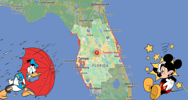 A vibrant Florida weather map features Donald Duck caught in a rainstorm and Minnie Mouse surrounded by twinkling stars, drawing special attention to a tornado warning near Orlando’s renowned theme park area.