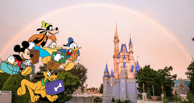 Mickey, Minnie, Goofy, Donald, and Pluto—sporting his service dog vest—pose with their suitcases in front of Cinderella Castle beneath a vibrant rainbow at Walt Disney World.