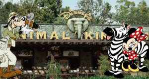 Goofy snaps photos as Minnie Mouse, dressed in a playful zebra outfit, greets guests at the entrance of Disney’s Animal Kingdom, with the adventurous Kali River Rapids nearby.