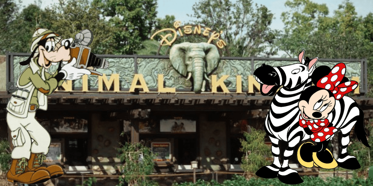 Goofy snaps photos as Minnie Mouse, dressed in a playful zebra outfit, greets guests at the entrance of Disney’s Animal Kingdom, with the adventurous Kali River Rapids nearby.