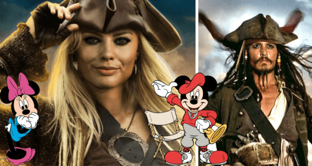 Guests dressed as Pirates of the Caribbean characters, evoking Margot Robbie’s style, pose with playful Minnie and Mickey Mouse cartoon overlays for a fun Disney park-inspired moment.