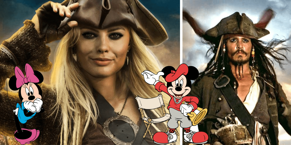 Guests dressed as Pirates of the Caribbean characters, evoking Margot Robbie’s style, pose with playful Minnie and Mickey Mouse cartoon overlays for a fun Disney park-inspired moment.