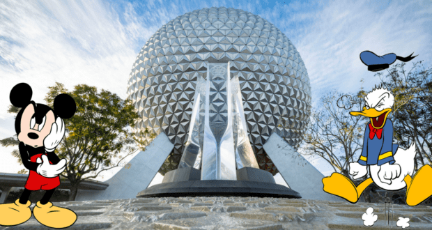 Mickey Mouse and Donald Duck greet guests in front of the iconic Epcot sphere at Walt Disney World on a bright, sunny day, while nearby a visitor looks distressed after discovering their stroller has gone missing.