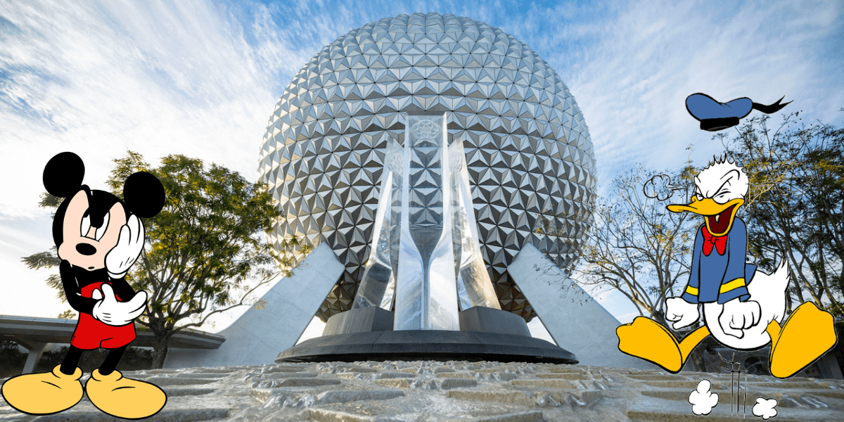 Mickey Mouse and Donald Duck greet guests in front of the iconic Epcot sphere at Walt Disney World on a bright, sunny day, while nearby a visitor looks distressed after discovering their stroller has gone missing.