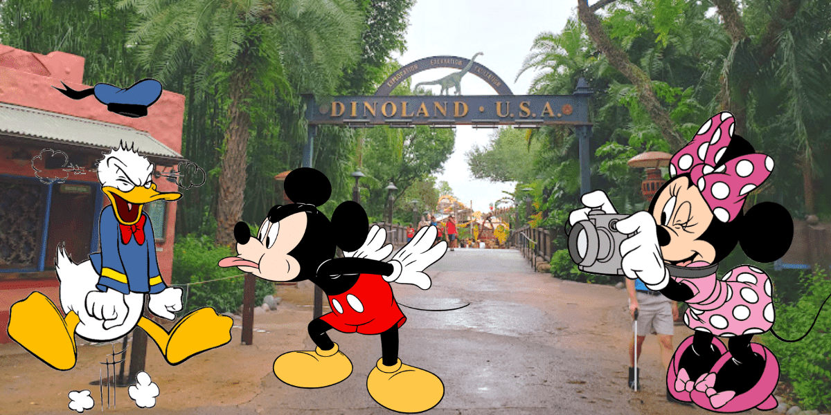 Mickey Mouse strikes a playful pose while Donald Duck looks ready for mischief in Dinoland U.S.A., as Minnie Mouse snaps a photo, all set against the vibrant backdrop of Disney World’s Dinoland U.S.A.