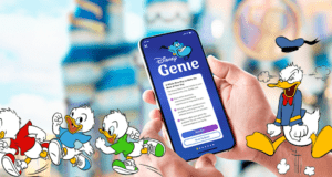 A guest at a Disney park uses the Disney Genie app on their phone, surrounded by Donald Duck and his nephews—Huey, Dewey, and Louie—who gather with excitement, ready to join in the fun of planning magical adventures.