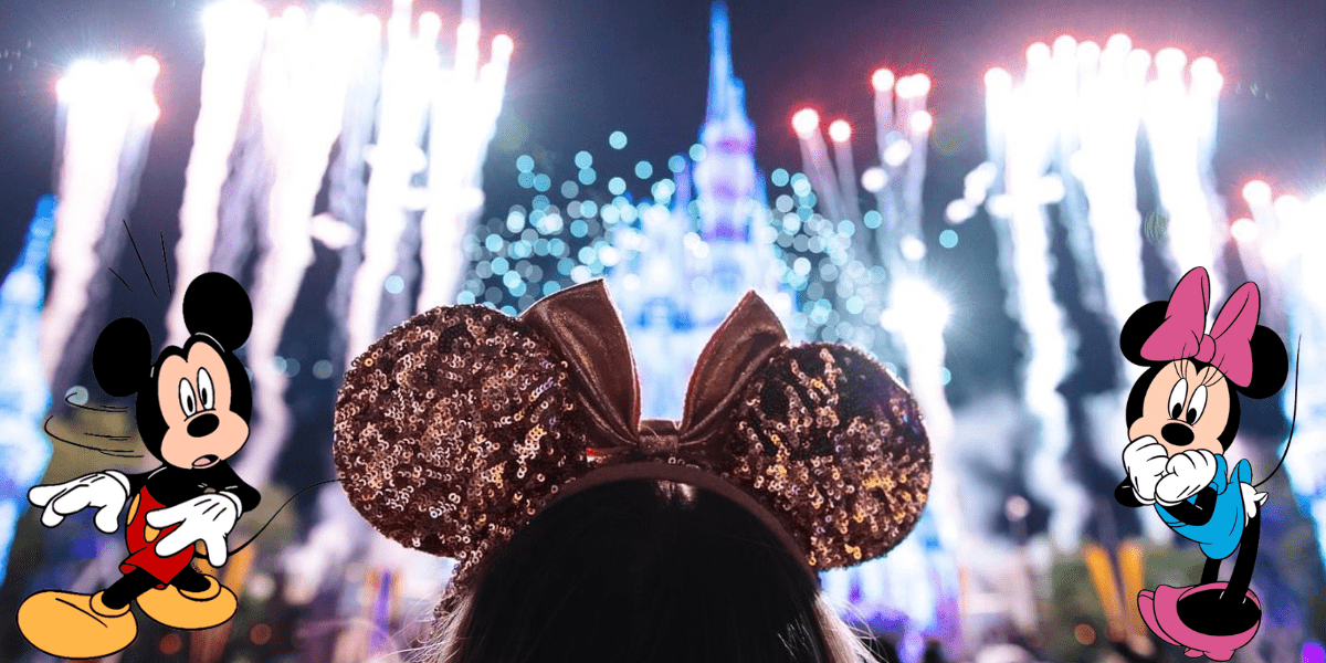 Guests don sparkling Mickey ears and gaze up at dazzling fireworks lighting the night sky during Disney After Hours, while beloved cartoon characters Mickey and Minnie Mouse appear on either side, creating a magical atmosphere in the heart of Disney World.