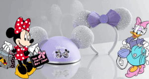 Minnie and Daisy enjoy a shopping spree, holding bags beside a lavender Disney hat and dazzling mouse ear headband from the Disney 100 Collection—perfect collectibles for fans visiting the parks.