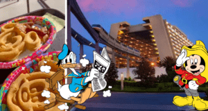 Mickey waffles served on a tray, Donald Duck reading a newspaper, and Firefighter Mickey appearing near Disney’s Contemporary Resort at sunset while the hotel is being evacuated.