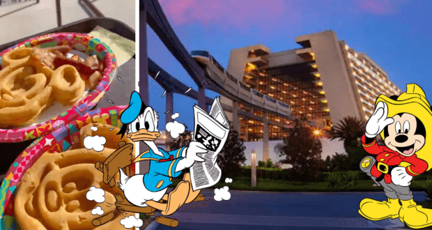 Mickey waffles served on a tray, Donald Duck reading a newspaper, and Firefighter Mickey appearing near Disney’s Contemporary Resort at sunset while the hotel is being evacuated.