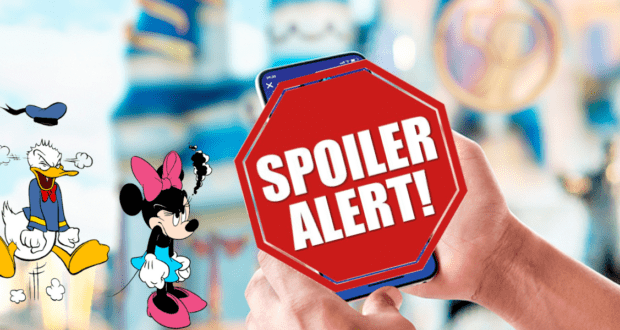 A guest at Walt Disney World holds up a phone displaying "SPOILER ALERT!" as Donald Duck and Minnie Mouse stand nearby looking disappointed—clearly wishing for a magical virtual assistant to help keep park surprises under wraps.