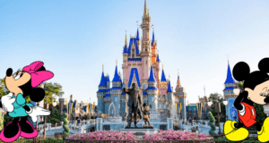 Minnie and Mickey Mouse pose together in front of Cinderella Castle at Disney World on a bright, sunny day, embodying the enchanting spirit that has delighted park guests since the early days of Walt Disney’s classic films.