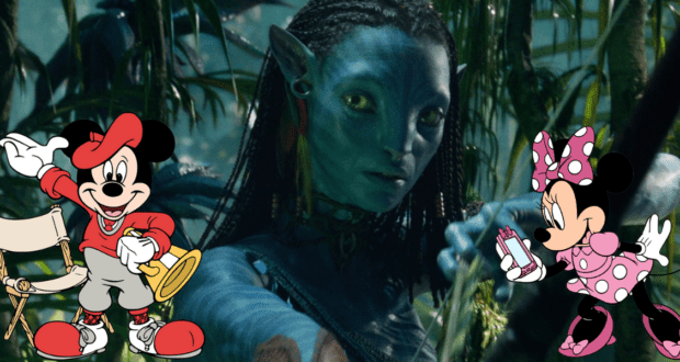 Mickey and Minnie Mouse join a blue Avatar-inspired Na’vi character in a vibrant, cartoon-style jungle setting, capturing the magical crossover excitement of Disney's theme park attractions.