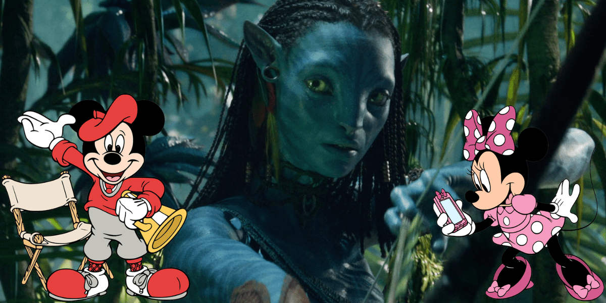 Mickey and Minnie Mouse join a blue Avatar-inspired Na’vi character in a vibrant, cartoon-style jungle setting, capturing the magical crossover excitement of Disney's theme park attractions.