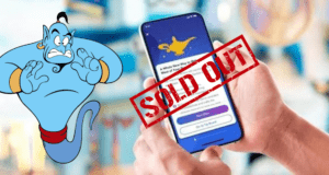 A park guest holds up their phone displaying the Genie app with a bold "SOLD OUT" notice across the screen, as the animated Genie character on the left looks startled that all attractions or reservations are gone.