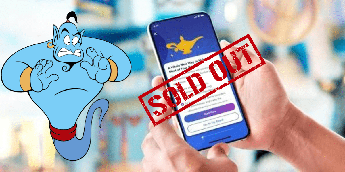 A park guest holds up their phone displaying the Genie app with a bold "SOLD OUT" notice across the screen, as the animated Genie character on the left looks startled that all attractions or reservations are gone.