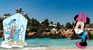 Donald Duck is encased in ice as Minnie Mouse watches with concern at Disney’s Blizzard Beach, surrounded by colorful water slides and wintry décor, capturing the park’s signature frosty fun atmosphere.