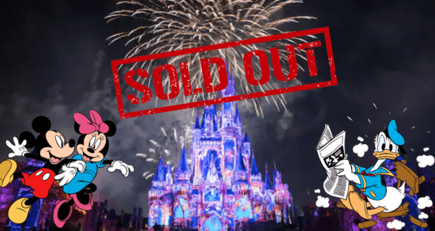 Fireworks dazzle above Cinderella Castle at Walt Disney World’s Magic Kingdom during a special Disney After Hours event, while a bold “SOLD OUT” stamp highlights the scene as Mickey Mouse, Minnie Mouse, and Donald Duck beam with excitement.