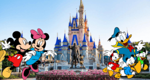 Mickey Mouse, Minnie Mouse, Donald Duck, and the nephews gather in front of Cinderella Castle at Disney World, capturing an enchanting group photo during January’s value season.
