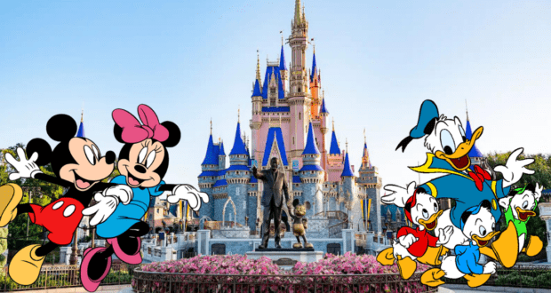 Mickey Mouse, Minnie Mouse, Donald Duck, and the nephews gather in front of Cinderella Castle at Disney World, capturing an enchanting group photo during January’s value season.