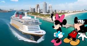 Minnie Mouse and Mickey Mouse appear concerned as a Disney Cruise Line ship passes by a bustling city shoreline.