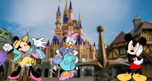 Mickey Mouse, Minnie Mouse, and Daisy Duck greet guests in front of the iconic Disney castle at Disney World, capturing the enchanting spirit of Disney entertainment.