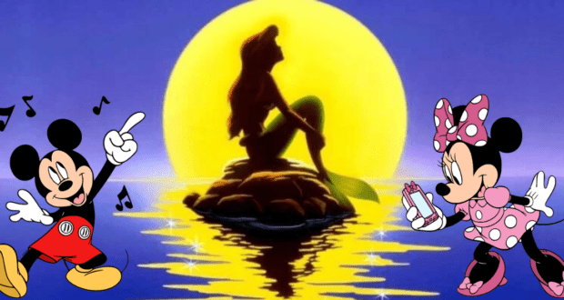 Mickey and Minnie Mouse delight guests with musical notes surrounding them, while Ariel from The Little Mermaid sits on her iconic rock beneath a glowing full moon, with shimmering water reflections completing the magical Disney scene.