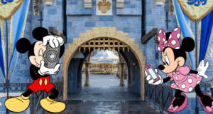 Mickey Mouse snaps a picture of Minnie Mouse as she strikes a pose with her phone in front of the iconic castle entrance, capturing that classic Disneyland celebrity moment.