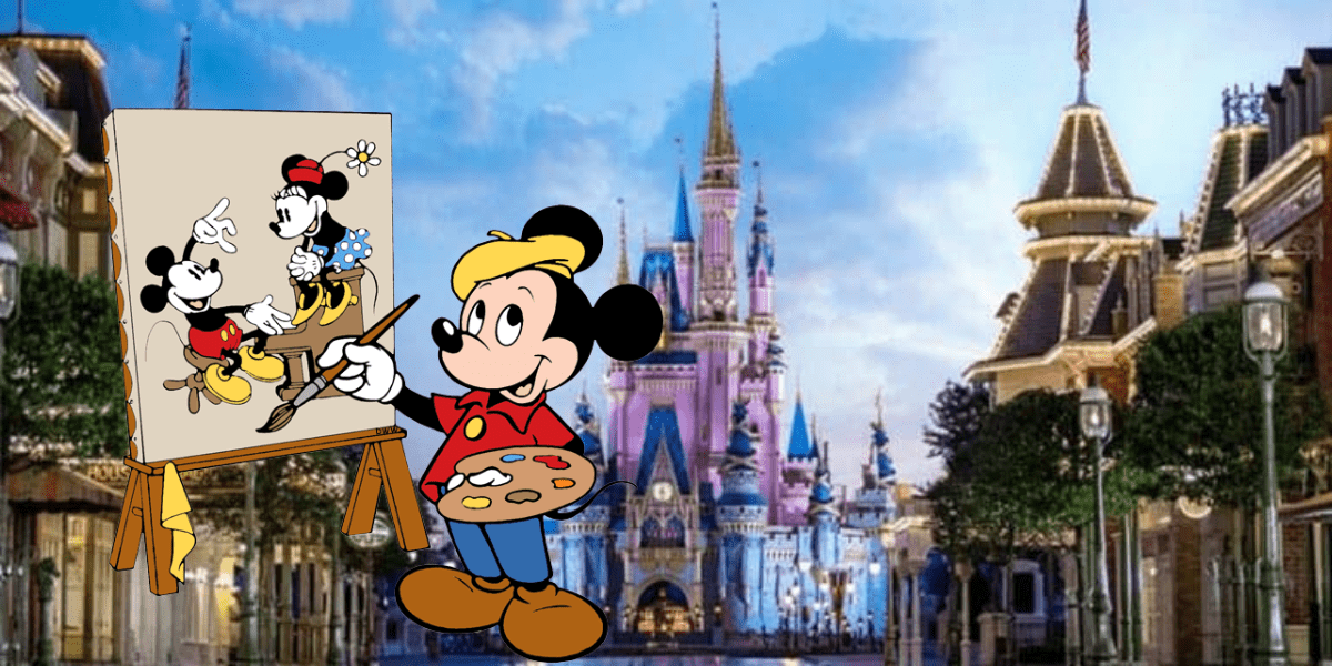 Mickey Mouse creating a painting of Minnie Mouse on canvas, with the iconic Disney castle in the background, capturing the nostalgic charm of classic Disney animation.